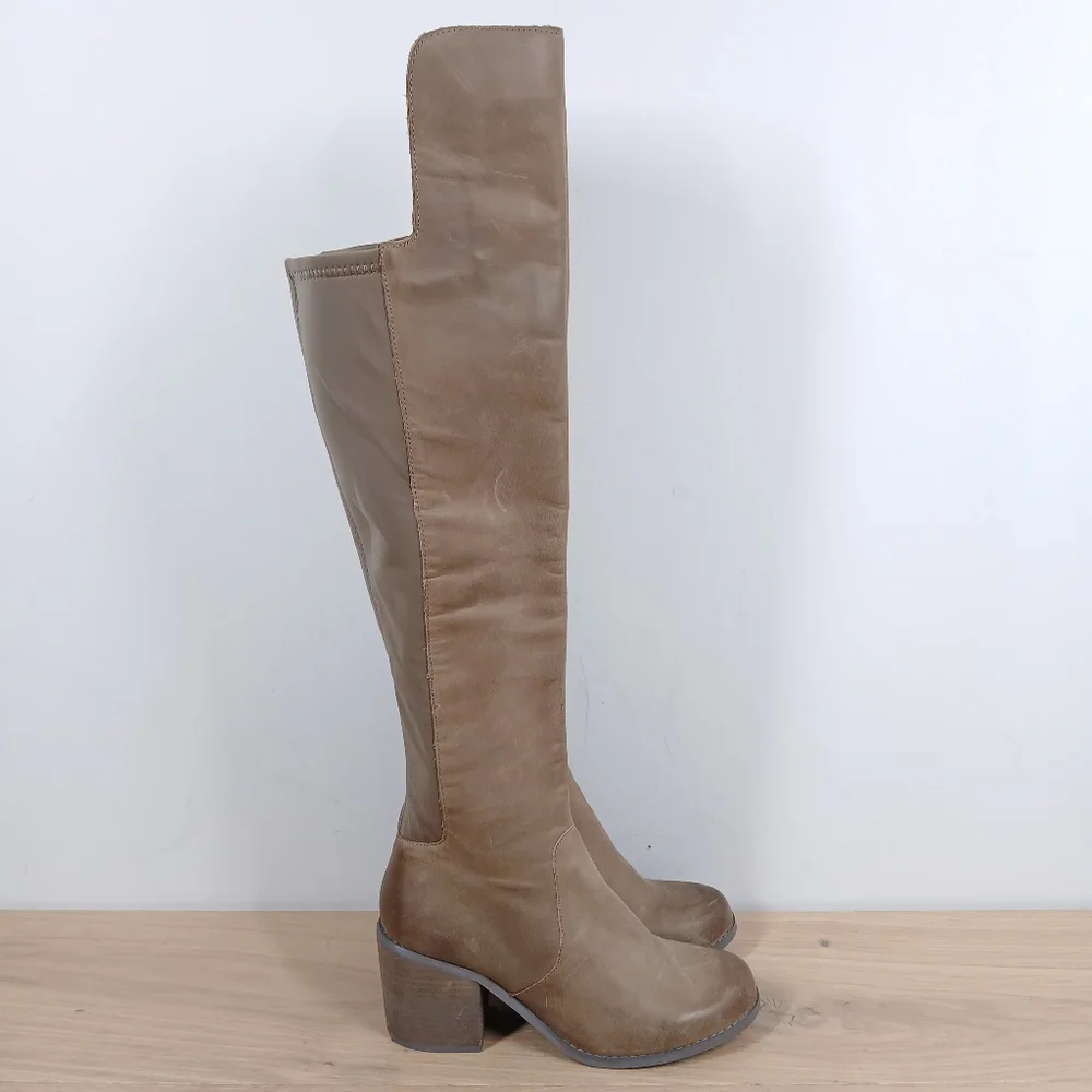 Joyfolie Grayson Tan Brown Leather Over the Knee‎ Stretch Block Heel Boots 1579
